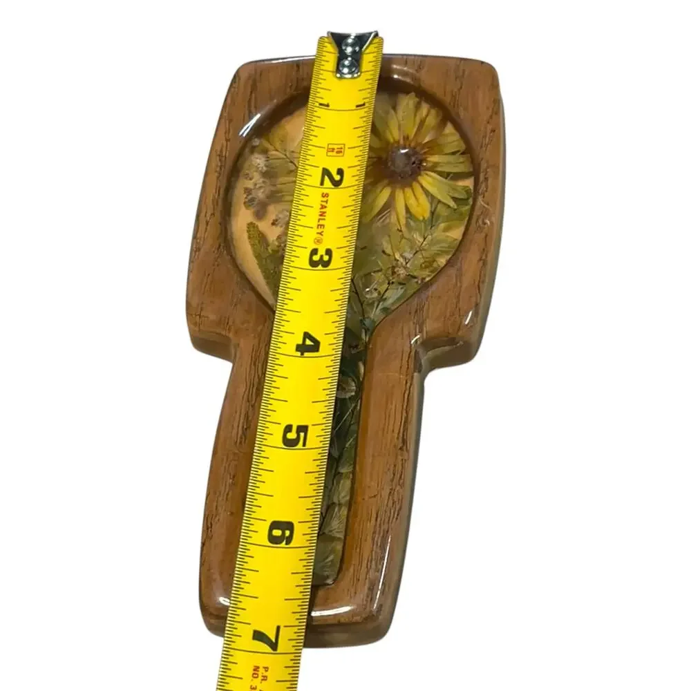 Vintage Lucite Style Pressed Flower Spoon Rest Ladybug Faux Wood Handmade